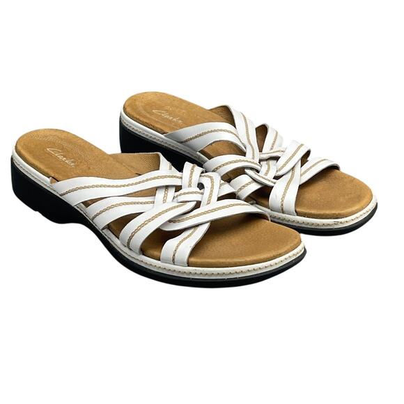 Clarks Lexi White Leather Strappy Slip On Comfort Slide Sandal Women 12M - Picture 1 of 11